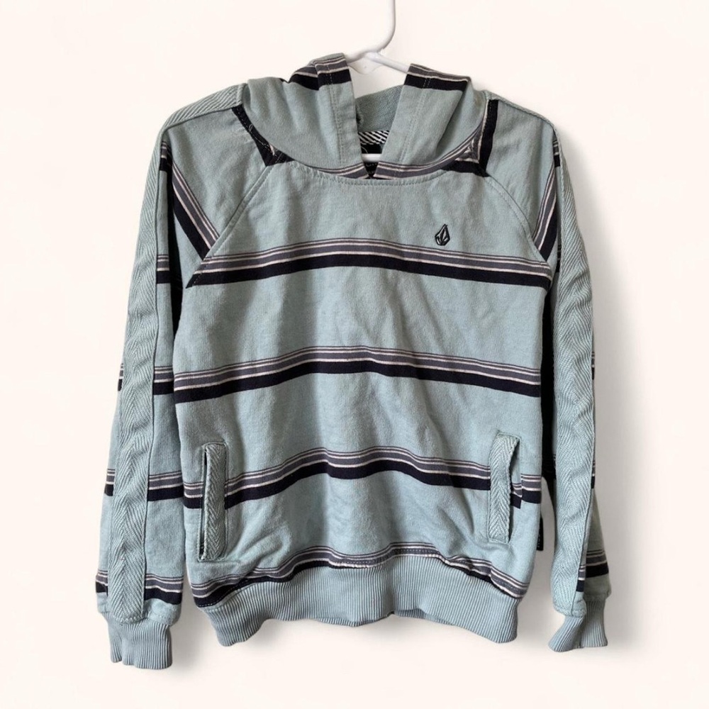 Boys Small Size 6 Volcom Outstoned Ash Blue Striped Pullover Hoodie Lucas Hoodie